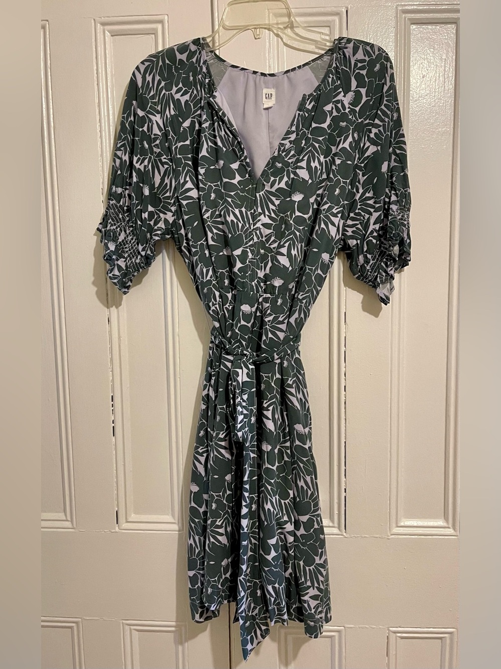 GAP Dark Green & Lilac Floral Tie Waist Dress - Large